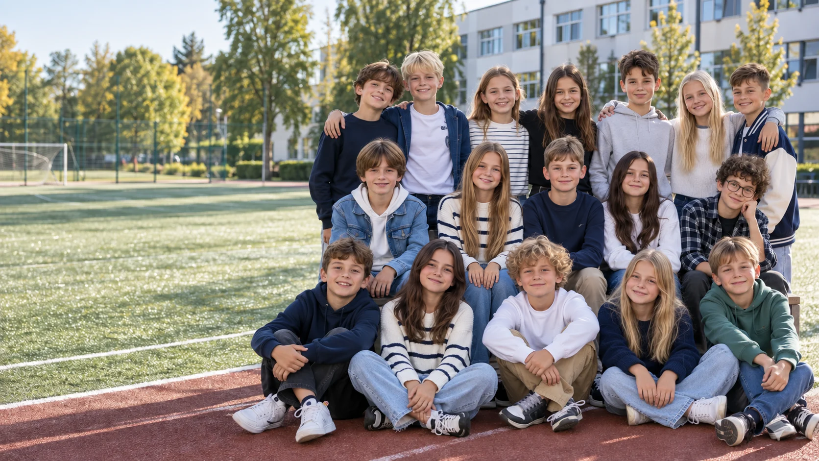 Uczniowie podczas wspólnego zdjęcia klasowego na szkolnym boisku